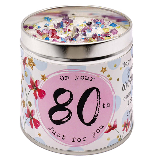 Happy 80th Birthday Scented Candle - Best Kept Secrets. Available at Sweet P, Burnside, Glasgow