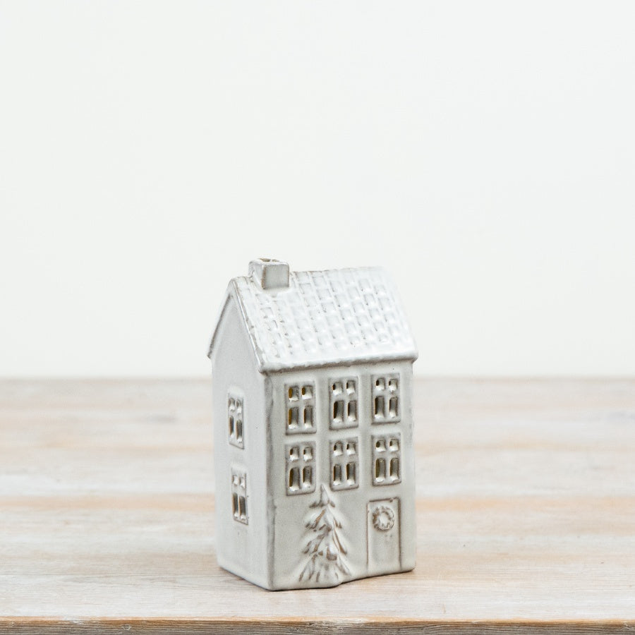 White Ceramic LED Christmas House with Tree, 16cm