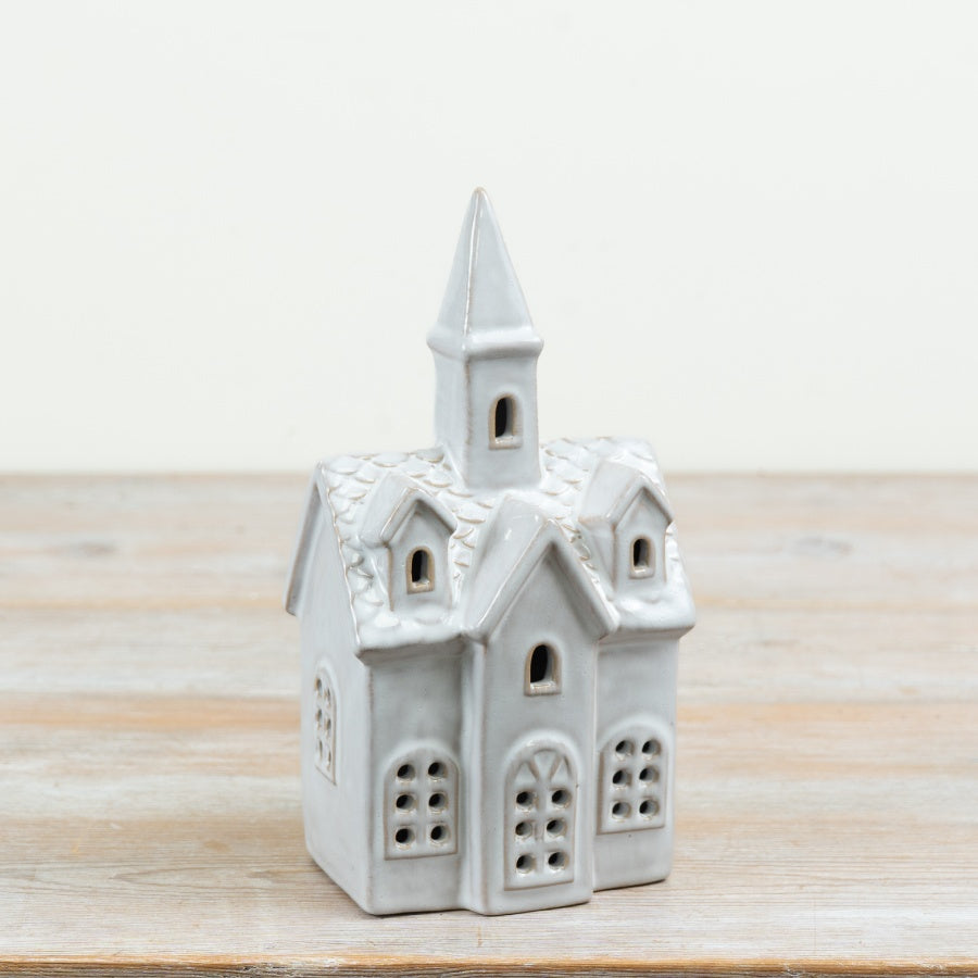 White Ceramic LED Church Christmas Decoration, 20cm