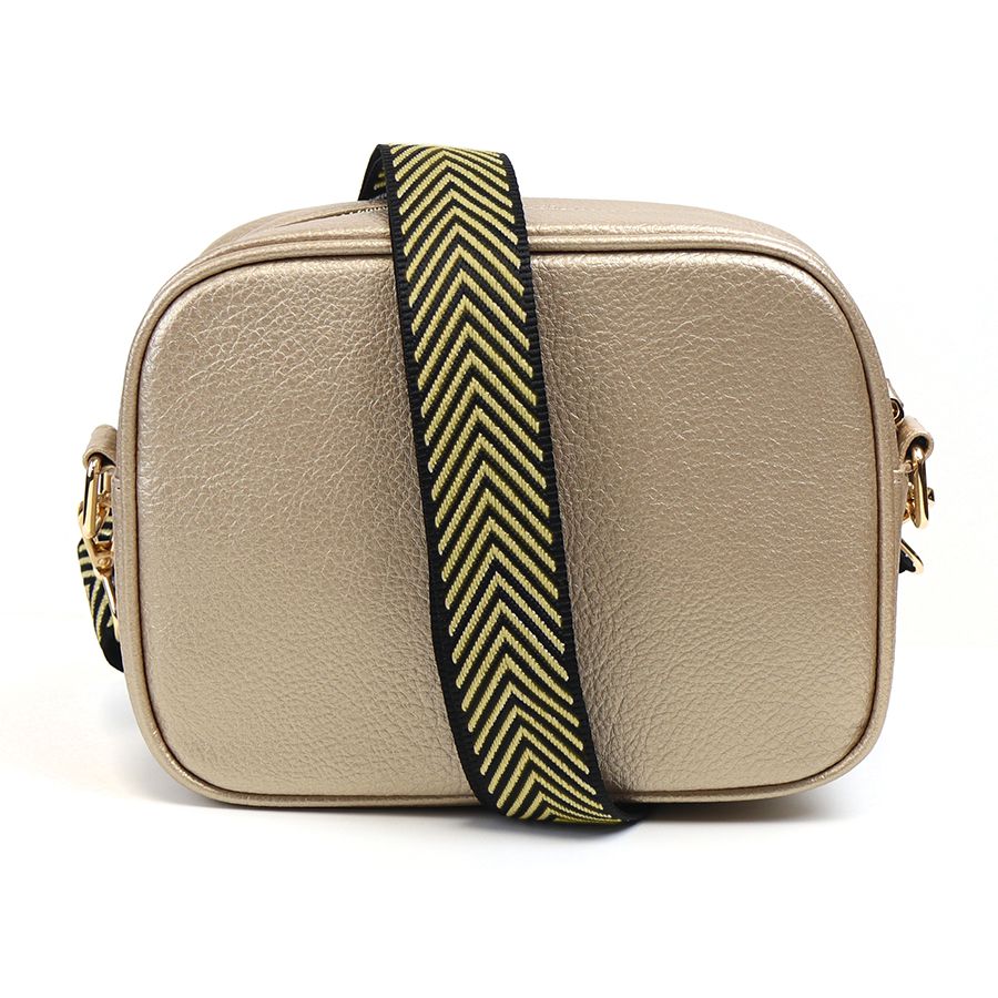 Gold Vegan Leather Crossbody Camera Bag with Gold and Black Fabric Strap