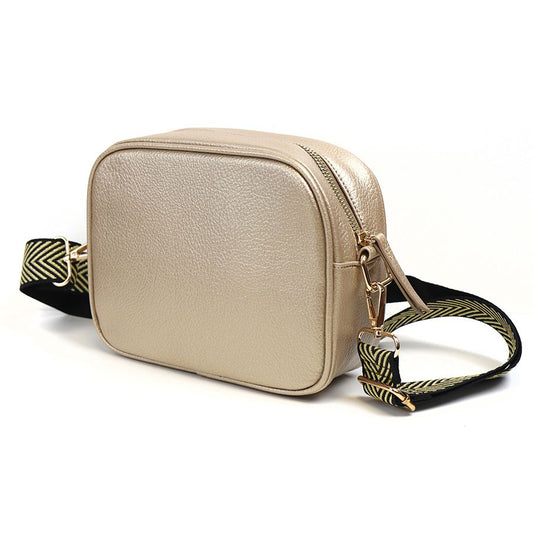 Gold Vegan Leather Crossbody Camera Bag with Gold and Black Fabric Strap