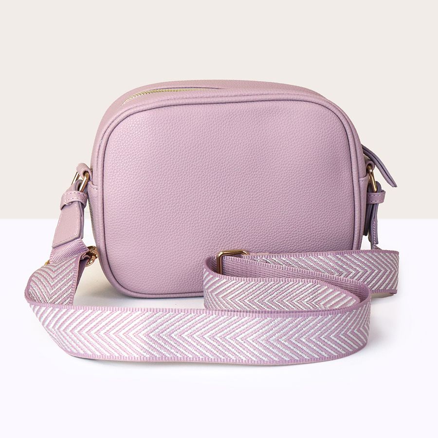 Lilac Pink Vegan Leather Crossbody Camera Bag with Chevron Strap