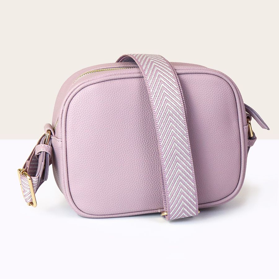 Lilac Pink Vegan Leather Crossbody Camera Bag with Chevron Strap