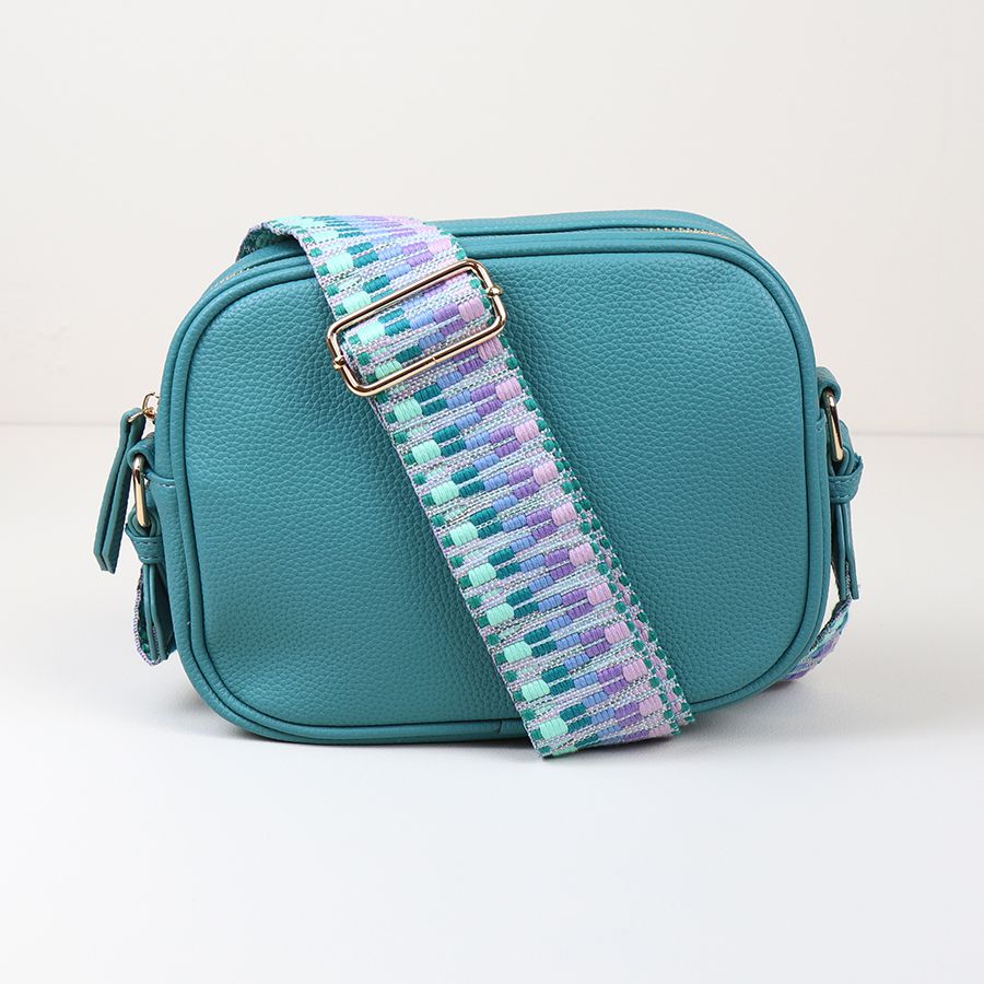 Turquoise Vegan Leather Crossbody Camera Bag with Mixed Pastel Strap