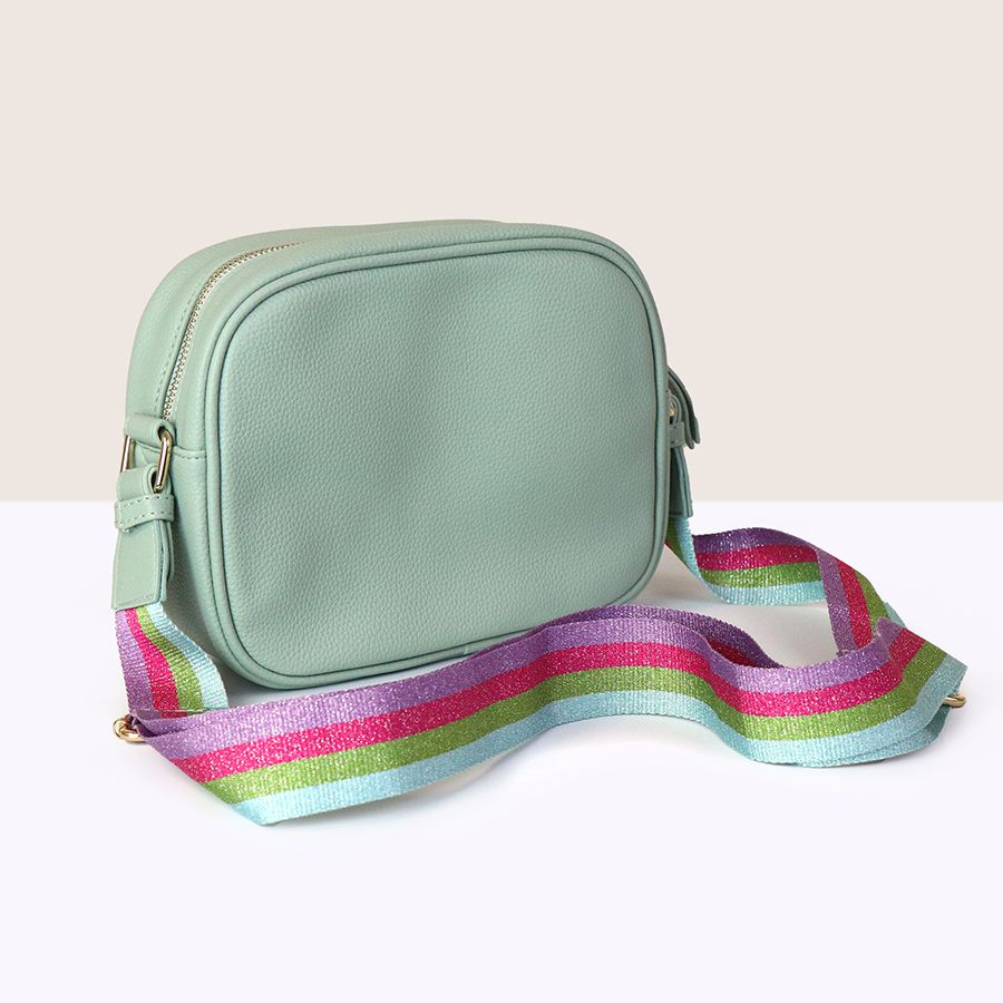 Mint Vegan Leather Crossbody Camera Bag with Rainbow Striped Strap