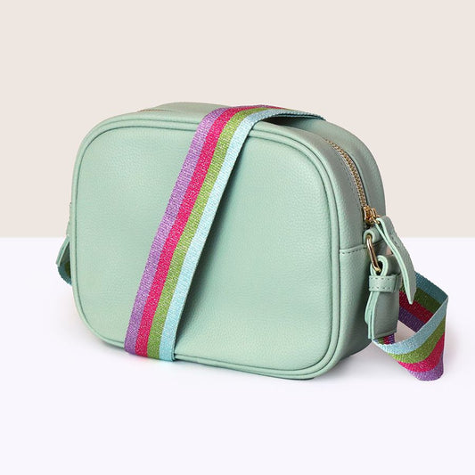 Mint Vegan Leather Crossbody Camera Bag with Rainbow Striped Strap