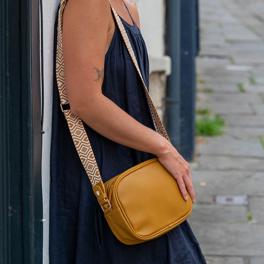 Mustard Yellow Vegan Leather Crossbody Camera Bag with Geo Diamond Strap