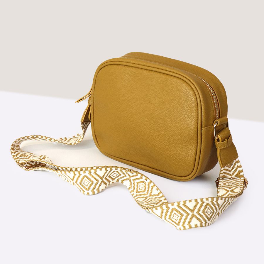 Mustard Yellow Vegan Leather Crossbody Camera Bag with Geo Diamond Strap