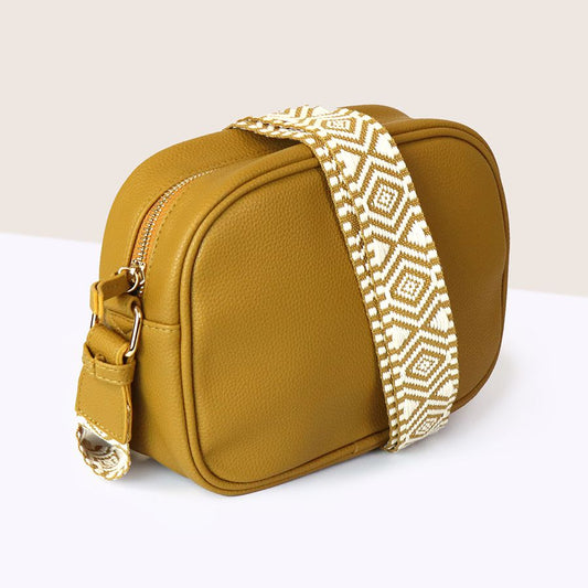 Mustard Yellow Vegan Leather Crossbody Camera Bag with Geo Diamond Strap