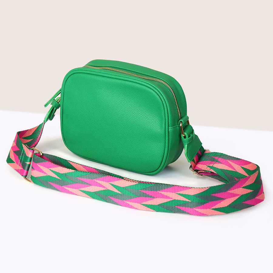 Green Vegan Leather Crossbody Camera Bag with Geo Chevron Strap