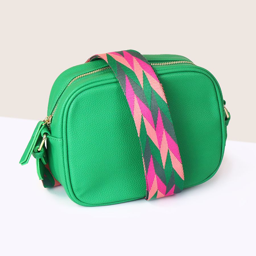 Green Vegan Leather Crossbody Camera Bag with Geo Chevron Strap