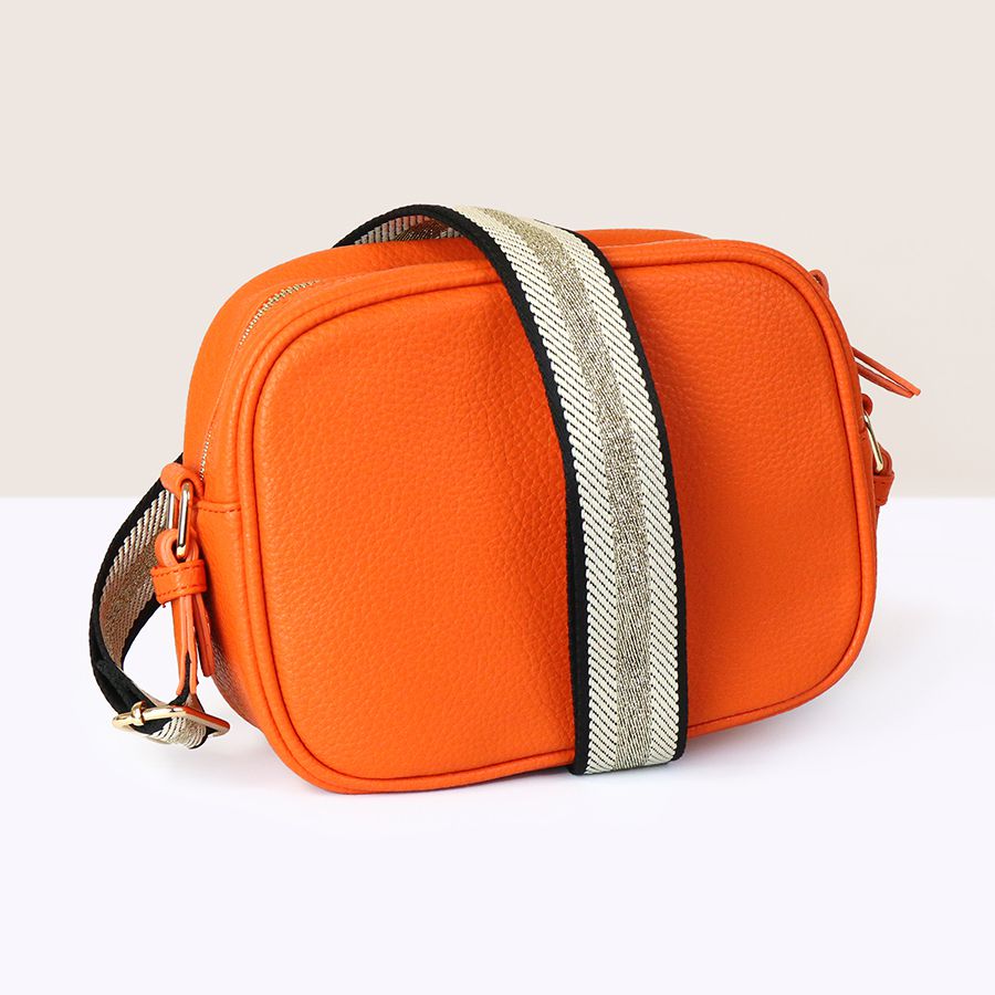 Orange Vegan Leather Crossbody Camera Bag with Gold Fabric Strap