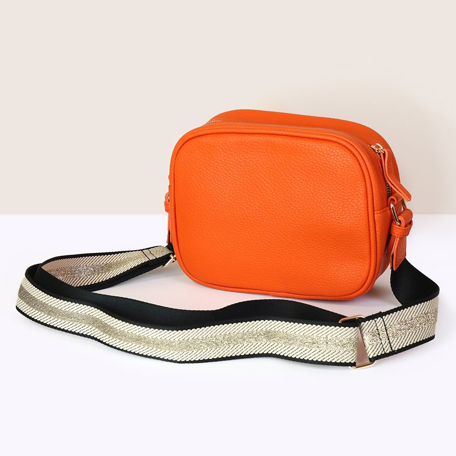 Orange Vegan Leather Crossbody Camera Bag with Gold Fabric Strap