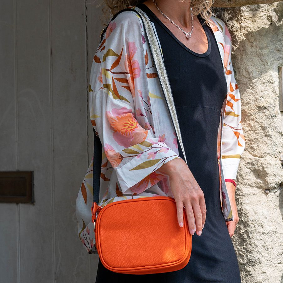 Orange Vegan Leather Crossbody Camera Bag with Gold Fabric Strap