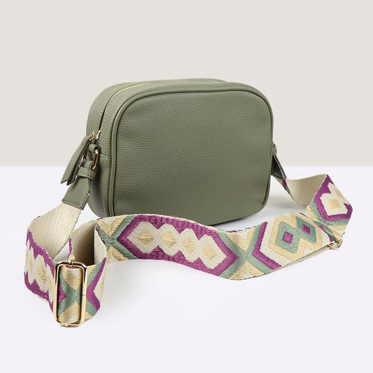 Khaki Green Vegan Leather Crossbody Camera Bag with Geo Diamond Strap