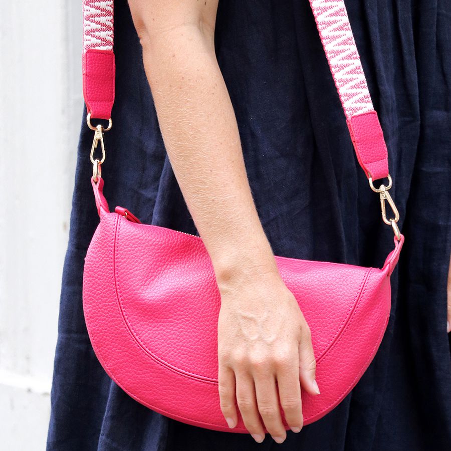 Bright Pink Vegan Leather Half Moon Crossbody Bag with Removable Fabric Strap