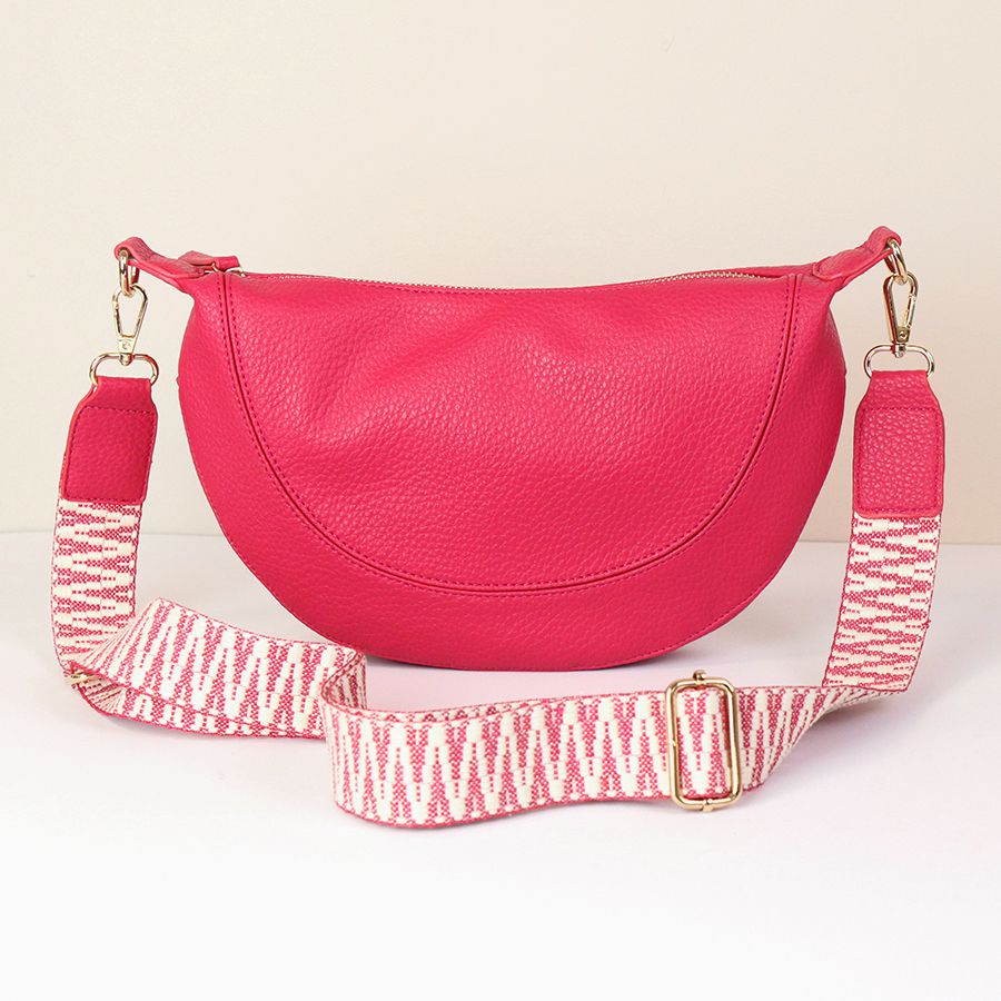 Bright Pink Vegan Leather Half Moon Crossbody Bag with Removable Fabric Strap