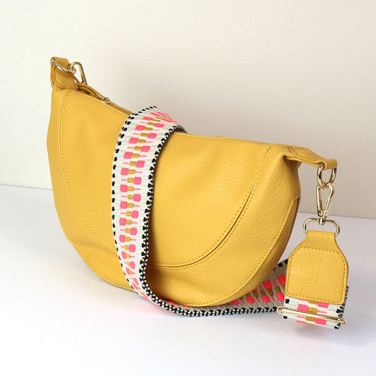 Lemon Yellow Vegan Leather Half Moon Crossbody Bag with Removable Fabric Strap