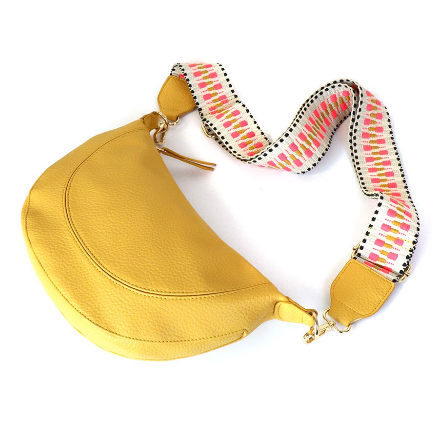 Lemon Yellow Vegan Leather Half Moon Crossbody Bag with Removable Fabric Strap