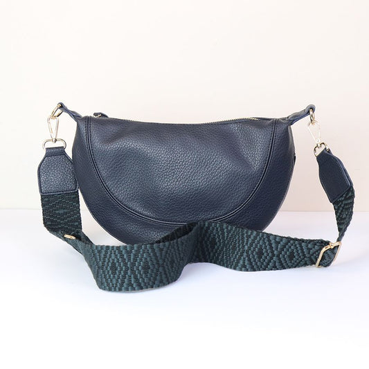 Navy Vegan Leather Half Moon Crossbody Bag with Removable Diamond Strap