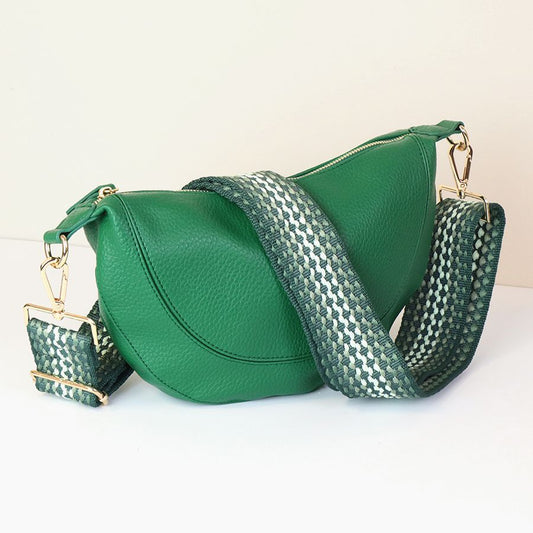 Emerald Green Vegan Leather Half Moon Crossbody Bag with Removable Fabric Strap