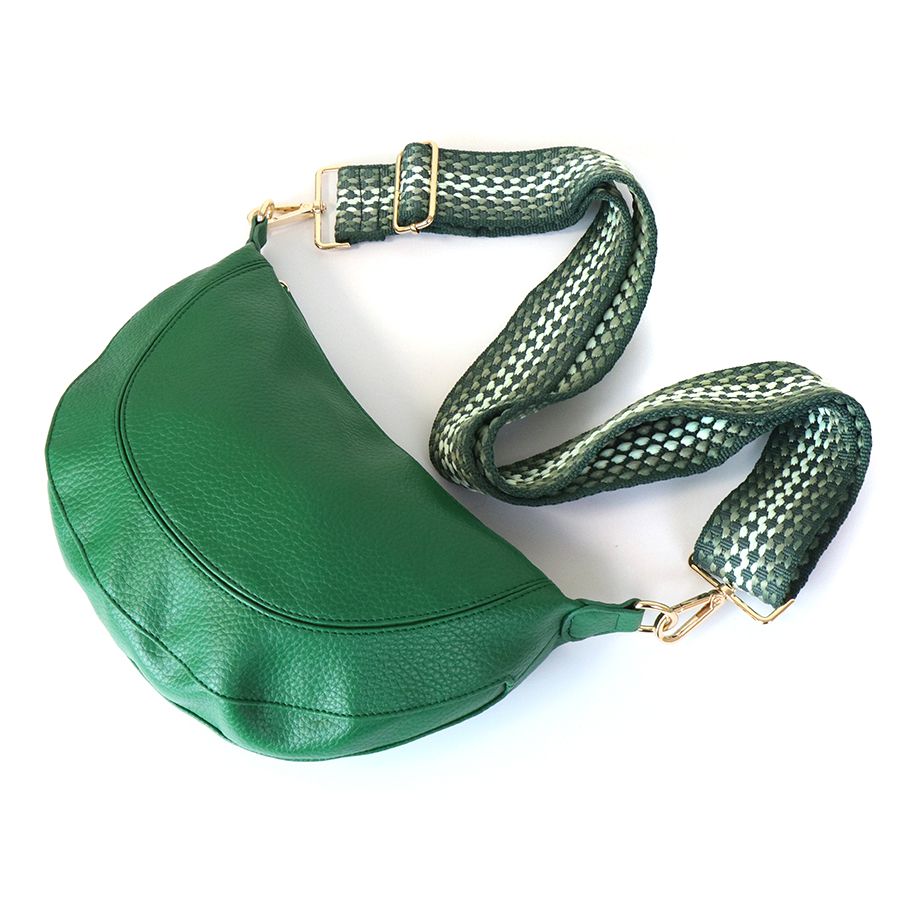 Emerald Green Vegan Leather Half Moon Crossbody Bag with Removable Fabric Strap