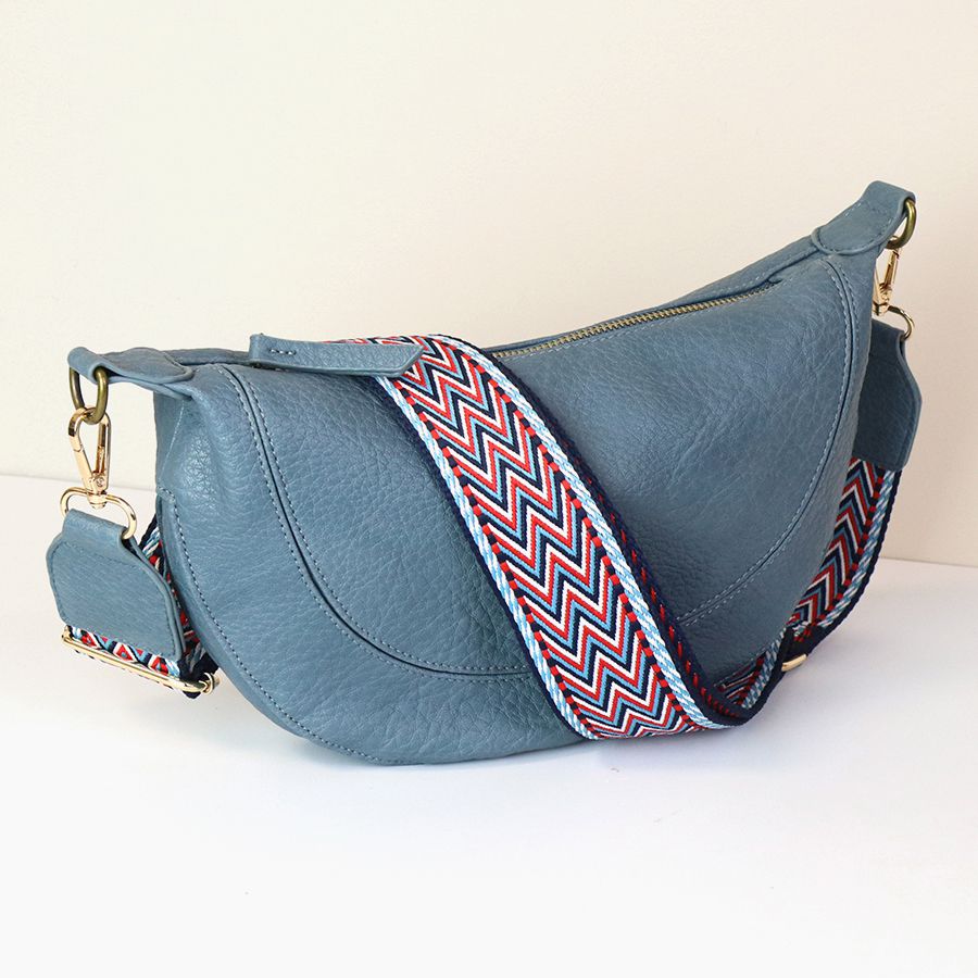 Denim Blue Vegan Leather Half Moon Crossbody Bag with Removable Chevron Strap