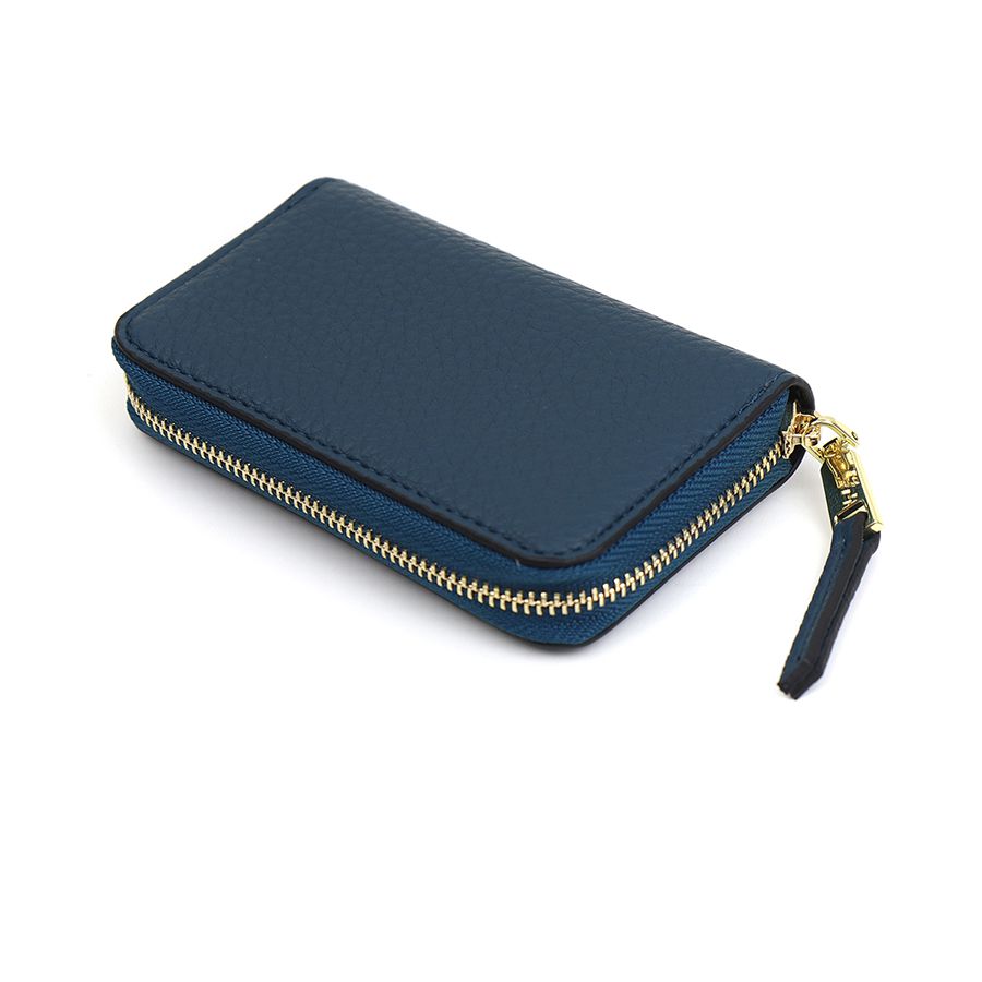 Navy Blue Faux Leather Coin Purse with Black Trim and Zip Tag