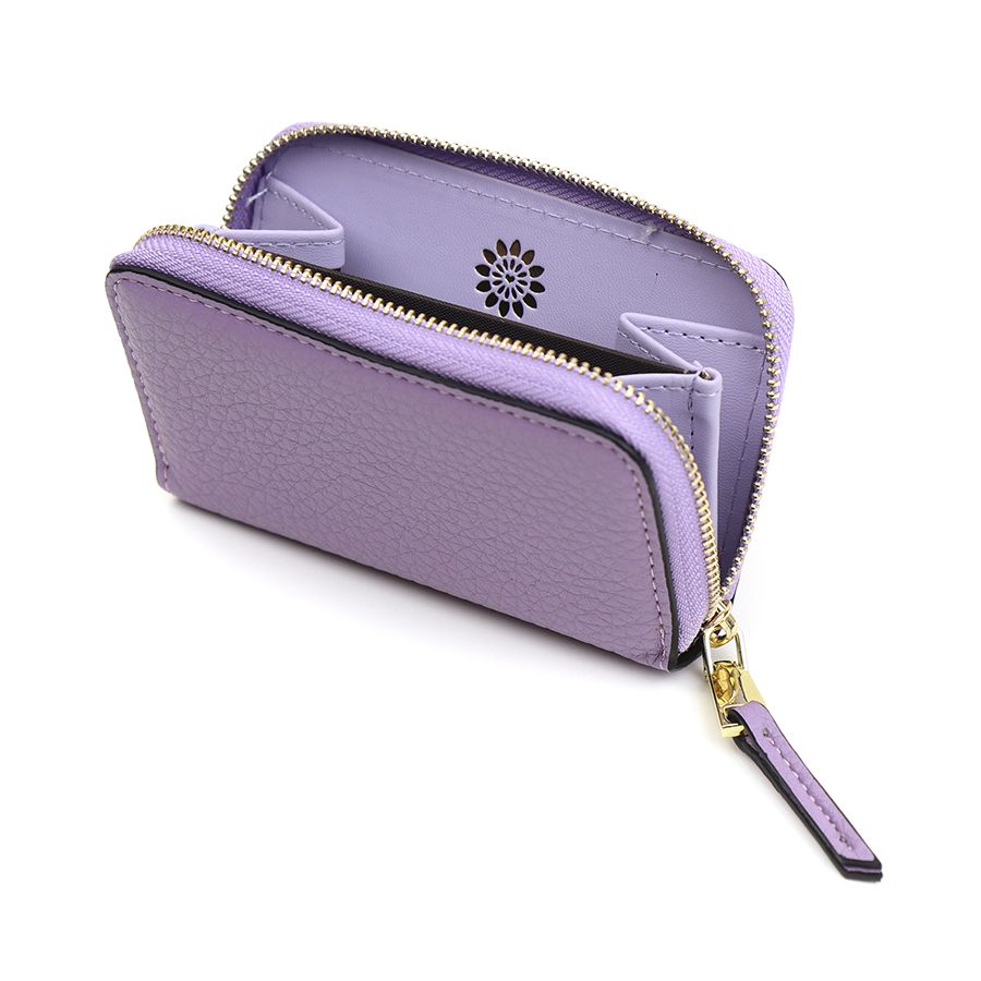 Lilac Faux Leather Coin Purse with Black Trim and Zip Tag