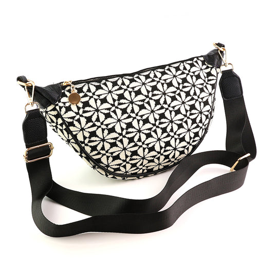 Black and white repeat print half moon bag