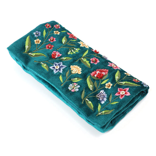 Teal velvet floral jewellery roll