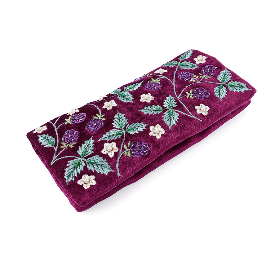 Bramble plum velvet embroidered winter blackberries jewellery roll