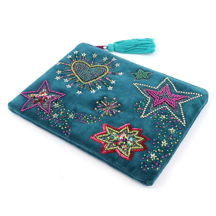 Starburst teal velvet purple mix embellished night sky zip purse