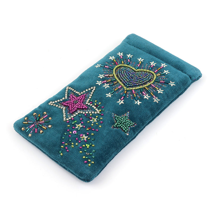 Starburst teal velvet purple mix embellished night sky glasses case