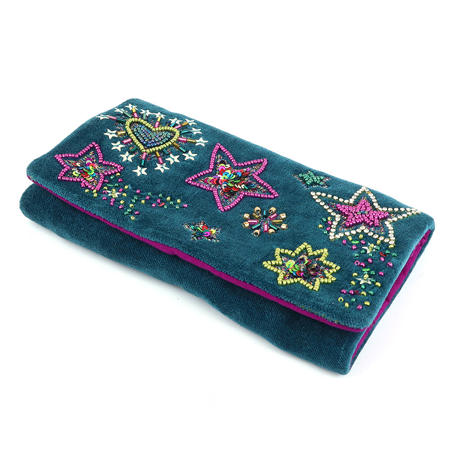 Starburst teal velvet purple mix embellished night sky jewellery roll