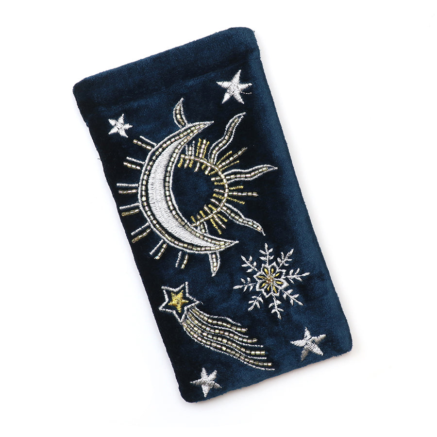 Celestial petrol blue velvet embellished night sky glasses case