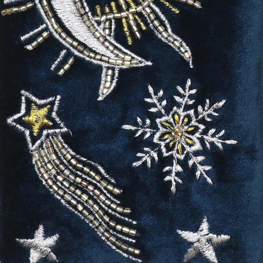 Celestial petrol blue velvet embellished night sky glasses case