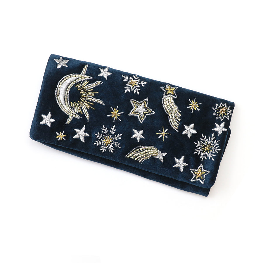Celestial petrol blue velvet embellished night sky jewellery roll