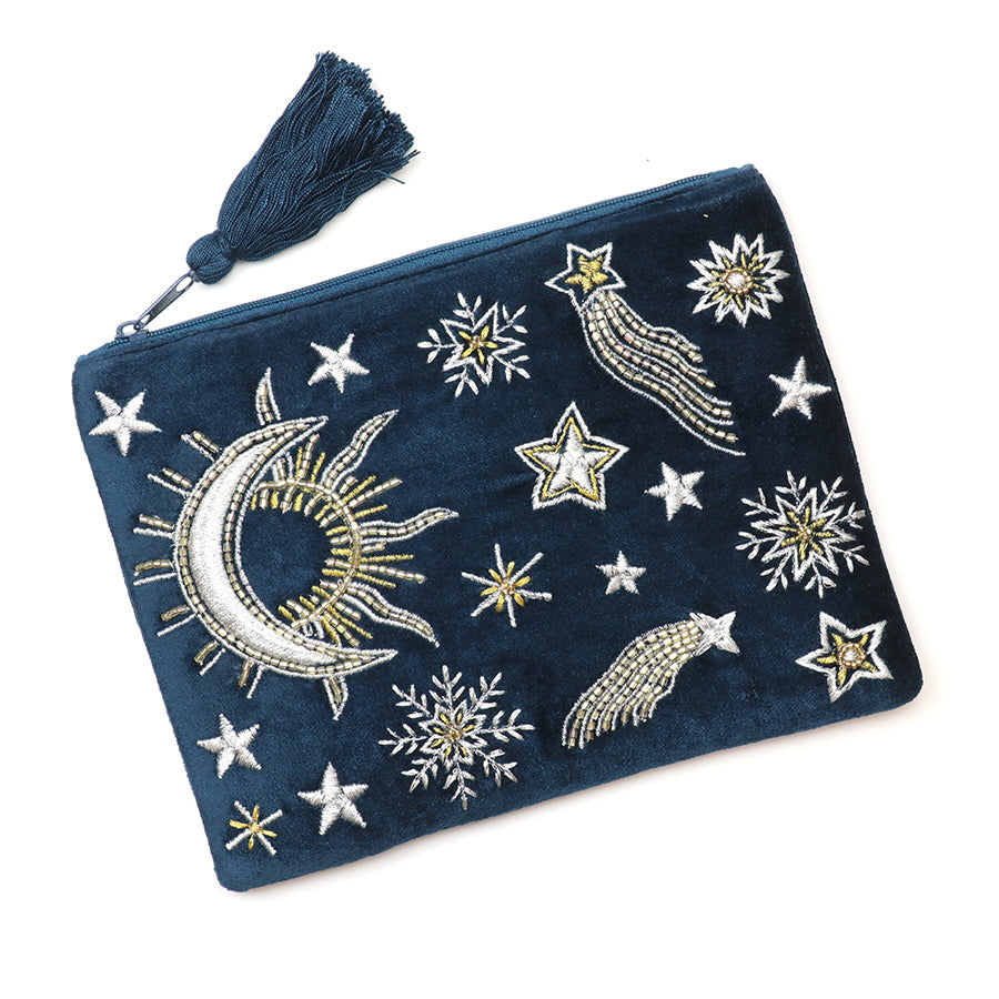 Celestial petrol blue velvet embellished night sky zip purse