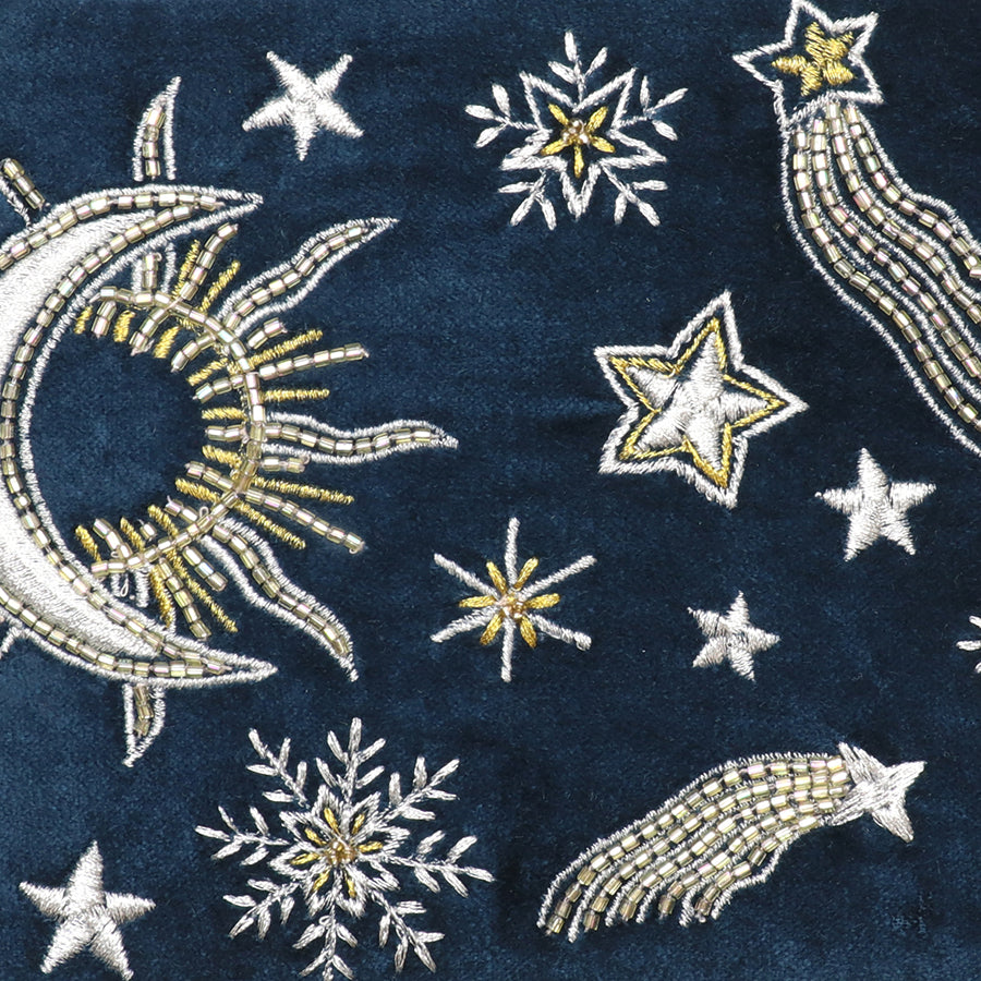 Celestial petrol blue velvet embellished night sky zip purse