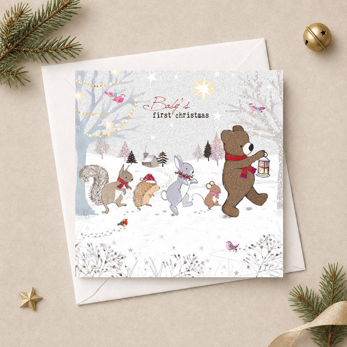 Baby's First Christmas Card - Lantern Bear & Animals