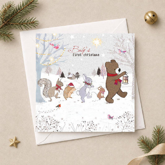 Baby's First Christmas Card - Lantern Bear & Animals