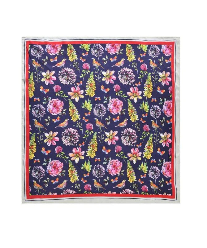 Navy Garden Print Silk Like Square Scarf. Available at Sweet P, Burnside, Glasgow