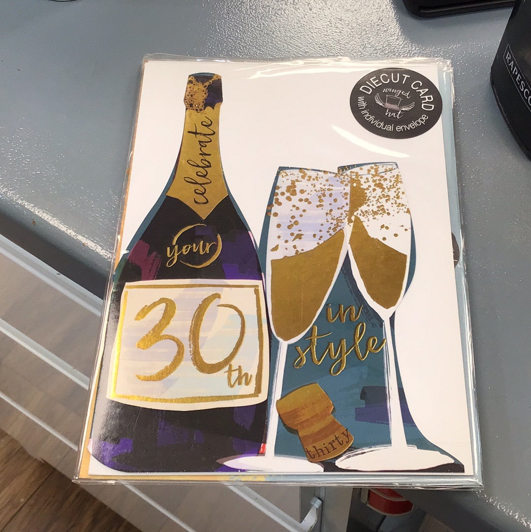 30th Birthday Card - winged hat - die cut card