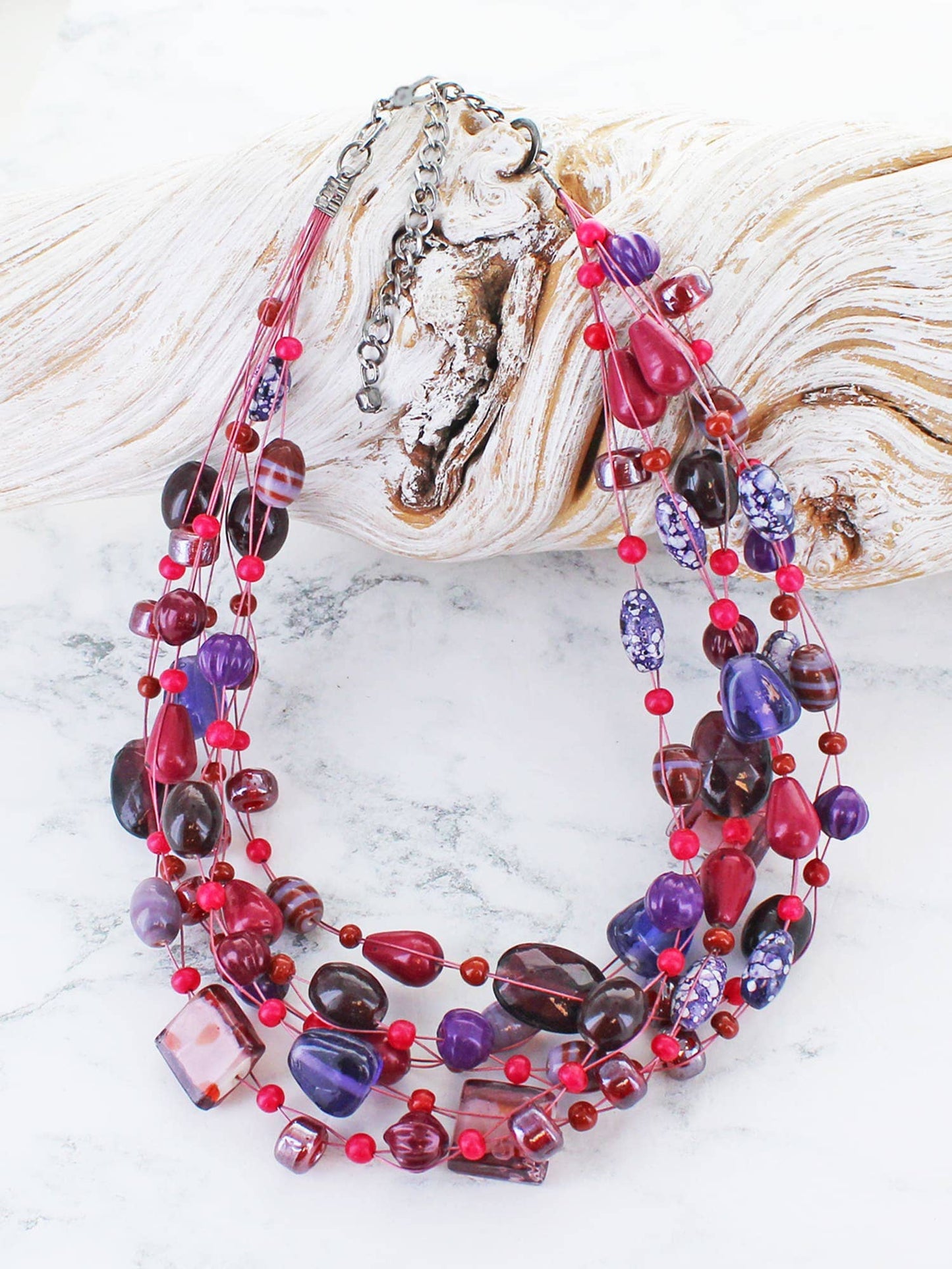 Suzie Blue Mixed Glass Bead Cluster Necklace – Pink & Purple