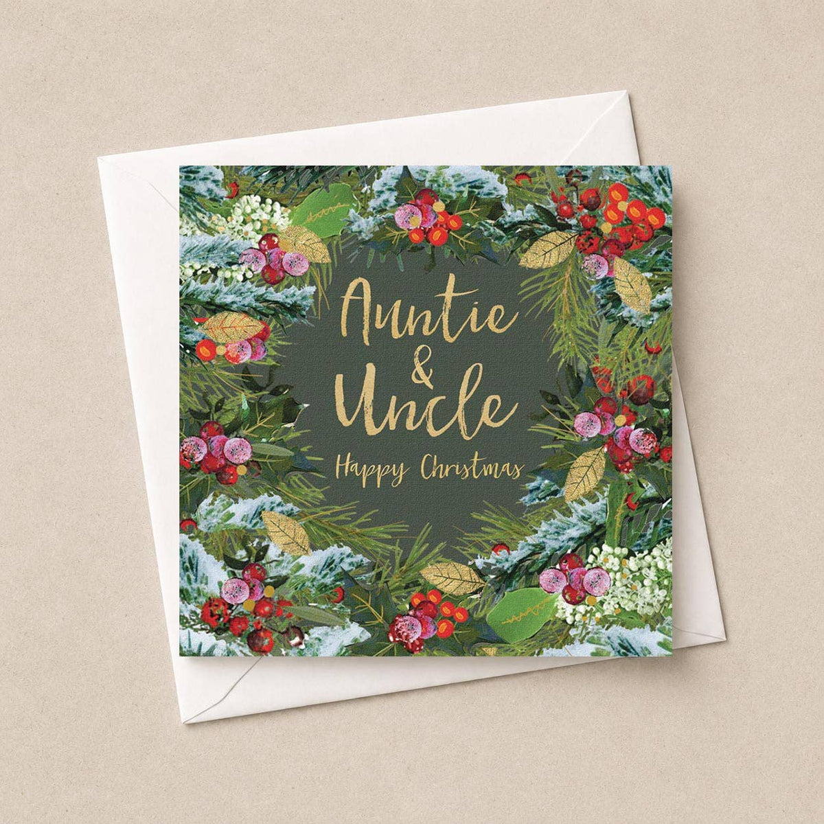 Auntie And Uncle Christmas Card - Robin & Foliage Wreath