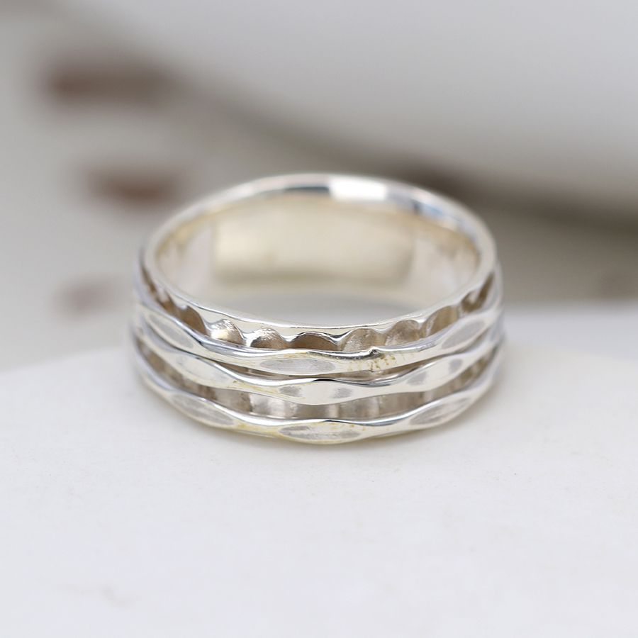 POM Sterling Silver Ring with Hammered Spinning Bands