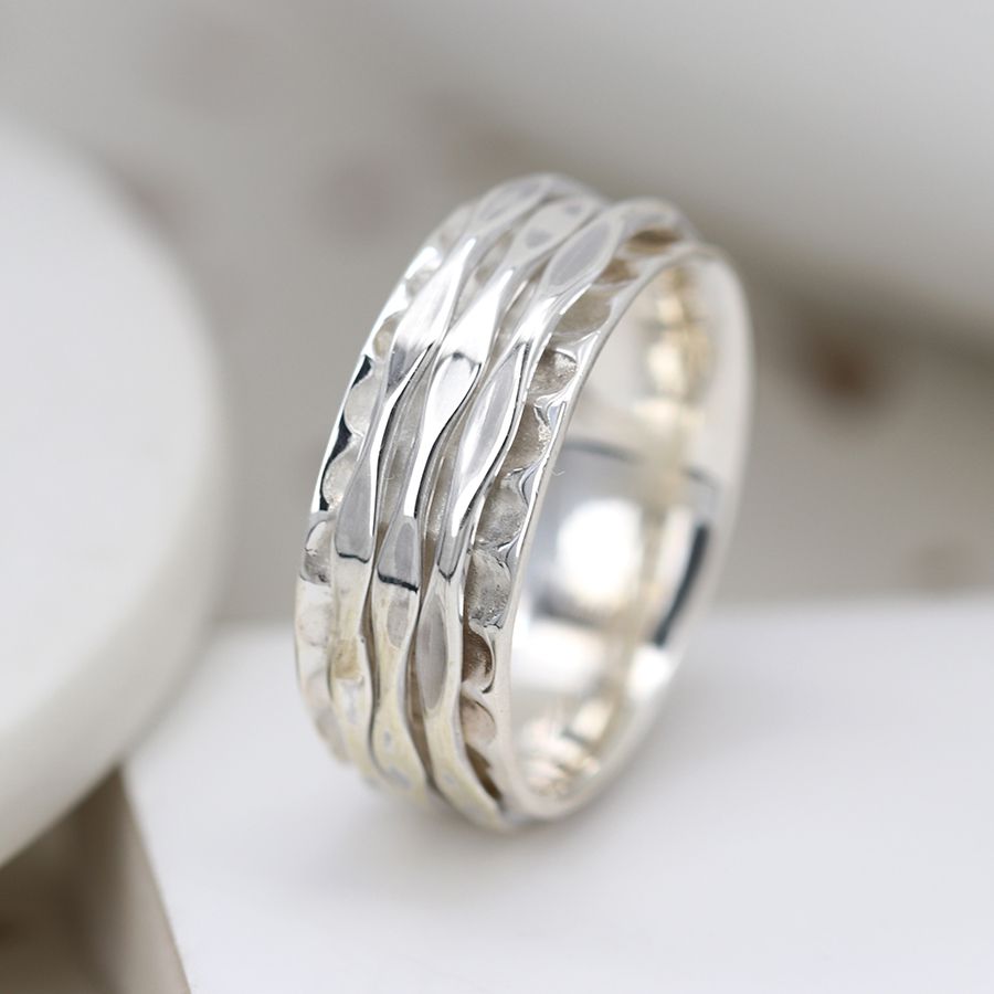 POM Sterling Silver Ring with Hammered Spinning Bands