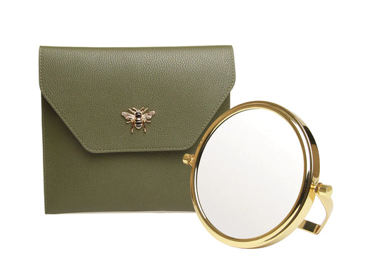 Alice Wheeler Olive Luxury Travel Mirror and Case with 7x magnifying