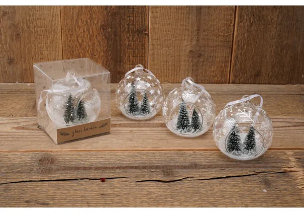 Glass Bauble Tree Decoration with Snow-Covered Tree Figurines